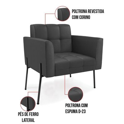Poltrona Pé De Ferro Preto Para Sala Elisa Corino D03 - D'rossi Cor Preto