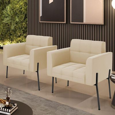 Poltrona Pé De Ferro Preto Para Sala Kit 2 Elisa Suede D03 - D'rossi Cor Bege