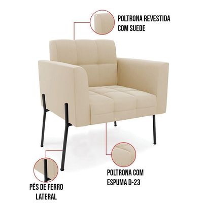 Poltrona Pé De Ferro Preto Para Sala Kit 2 Elisa Suede D03 - D'rossi Cor Bege