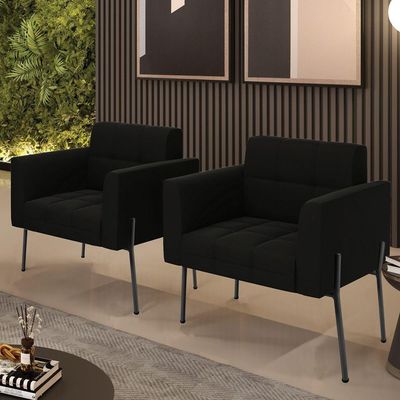 Poltrona Pé De Ferro Preto Para Sala Kit 2 Elisa Suede Preto D03 - D'rossi