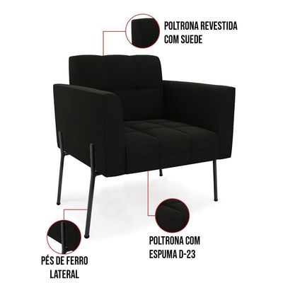 Poltrona Pé De Ferro Preto Para Sala Kit 2 Elisa Suede Preto D03 - D'rossi