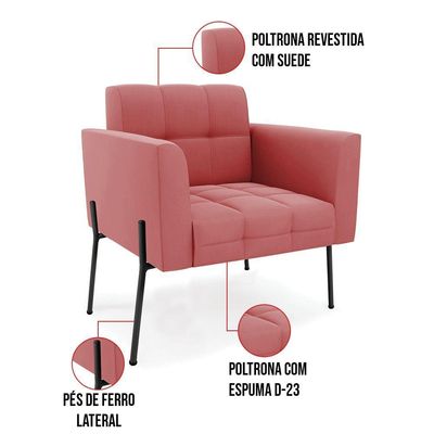 Poltrona Pé De Ferro Preto Para Sala Elisa Suede Rosê D03 - D'rossi