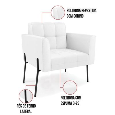 Poltrona Pé De Ferro Preto Para Sala Kit 2 Elisa Corino Branco D03 - D'rossi