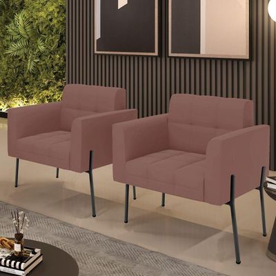 Poltrona Pé De Ferro Preto Para Sala Kit 2 Elisa Veludo D03 - D'rossi Cor Rose