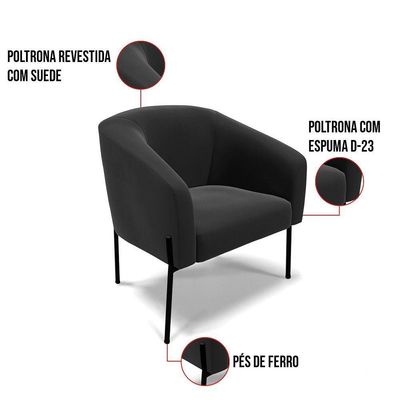 Poltrona Pé De Ferro Preto Sala De Estar Stella Suede Preto D03 - D'rossi