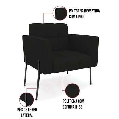 Poltrona Pé De Ferro Preto Para Sala Elisa Linho D03 - D'rossi Cor A79 Preto