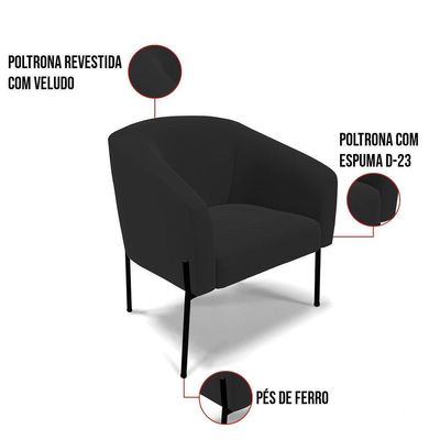 Poltrona Pé De Ferro Preto Sala De Estar Stella Veludo Preto D03 - D'rossi