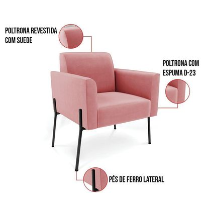 Poltrona Pé De Ferro Preto Para Sala Elisa Suede - D'rossi Cor Rose