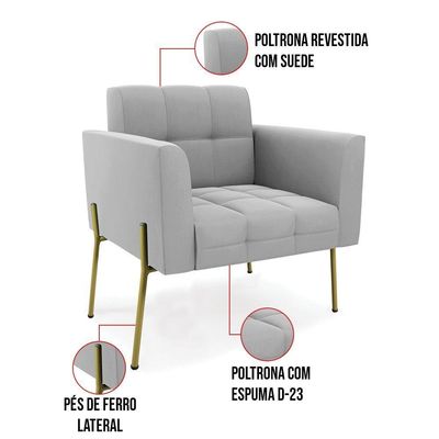 Poltrona Pé De Ferro Dourado Para Sala Kit 2 Elisa Suede Cinza D03 - D'rossi