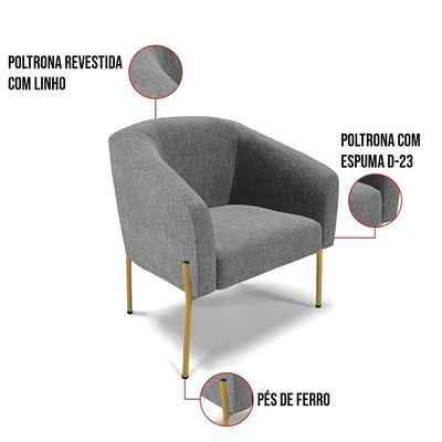 Poltrona Pé De Ferro Dourado Sala De Estar Stella Linho D03 - D'rossi Cor A26 Grafite