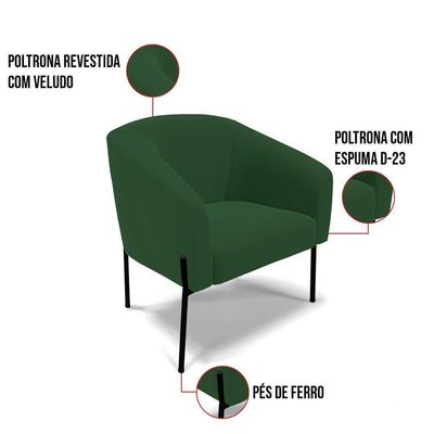 Poltrona Pé De Ferro Preto Sala De Estar Stella Veludo Verde D03 - D'rossi