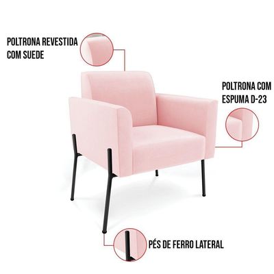 Poltrona Pé De Ferro Preto Para Sala Elisa Suede - D'rossi Cor Rosa Bebê