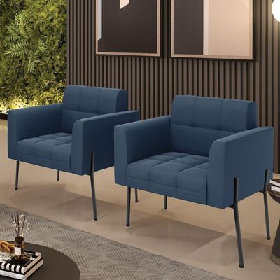 Poltrona Pé De Ferro Preto Para Sala Kit 2 Elisa Suede Azul Marinho D03 - D'rossi