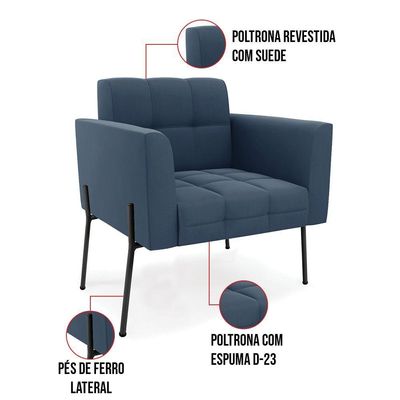 Poltrona Pé De Ferro Preto Para Sala Kit 2 Elisa Suede Azul Marinho D03 - D'rossi
