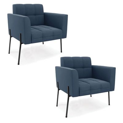 Poltrona Pé De Ferro Preto Para Sala Kit 2 Elisa Suede Azul Marinho D03 - D'rossi