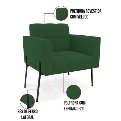 Poltrona Pé De Ferro Preto Para Sala Elisa Veludo D03 - D'rossi Cor Verde