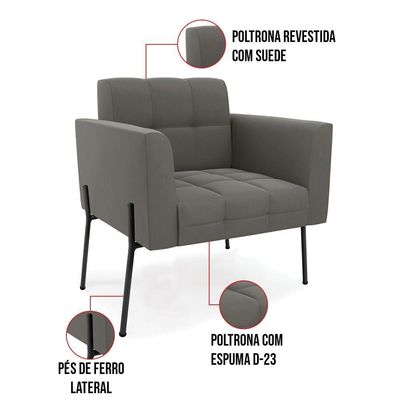 Poltrona Pé De Ferro Preto Para Sala Kit 2 Elisa Suede Grafite D03 - D'rossi
