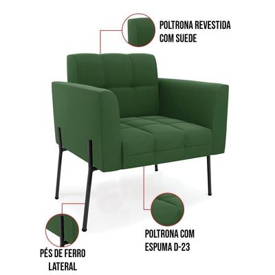 Poltrona Pé De Ferro Preto Para Sala Kit 2 Elisa Suede D03 - D'rossi Cor Verde