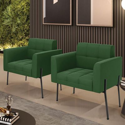 Poltrona Pé De Ferro Preto Para Sala Kit 2 Elisa Suede Verde D03 - D'rossi