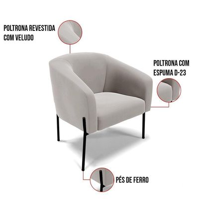 Poltrona Pé De Ferro Preto Sala De Estar Stella Veludo Cinza D03 - D'rossi