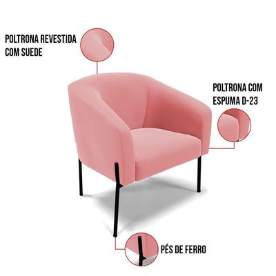 Poltrona Pé De Ferro Preto Sala De Estar Stella Suede Rosê D03 - D'rossi