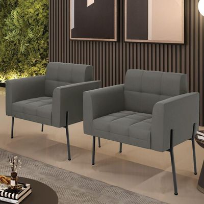 Poltrona Pé De Ferro Preto Para Sala Kit 2 Elisa Suede D03 - D'rossi Cor Grafite