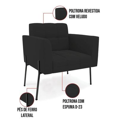 Poltrona Pé De Ferro Preto Para Sala Kit 2 Elisa Veludo Preto D03 - D'rossi
