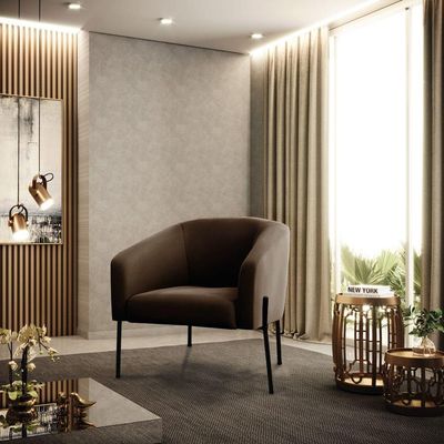 Poltrona Pé De Ferro Preto Sala De Estar Stella Suede Marrom D03 - D'rossi