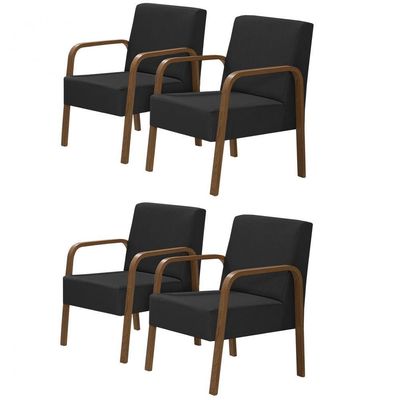 Kit 4 Poltronas 1 Lugar Jade Pé Madeira Suede Preto