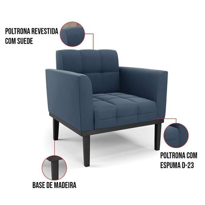 Poltrona Base De Madeira Fixa Preto Kit 2 Elisa Suede Azul Marinho D03 - D'rossi