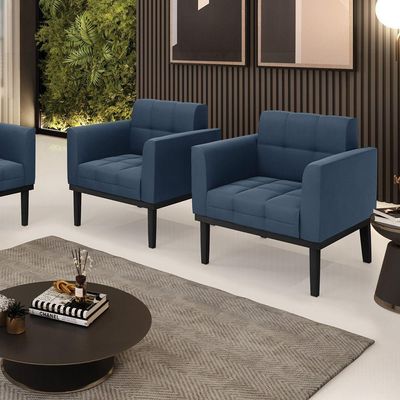 Poltrona Base De Madeira Fixa Preto Kit 2 Elisa Suede Azul Marinho D03 - D'rossi