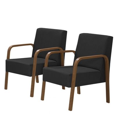 Kit 2 Poltronas 1 Lugar Jade Pé Madeira Suede Preto