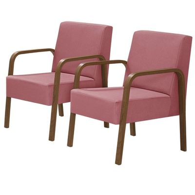 Kit 2 Poltronas 1 Lugar Jade Braço Madeira Rosa