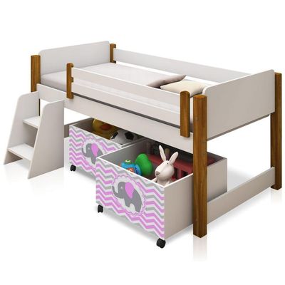 Cama Solteiro Branco C/ Mel C/ Baú Filhote Rosa