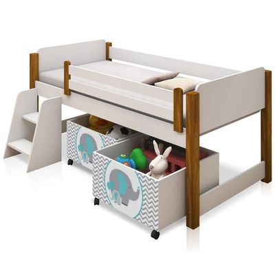 Cama Solteiro Branco C/ Mel C/ Baú Filhote Azul