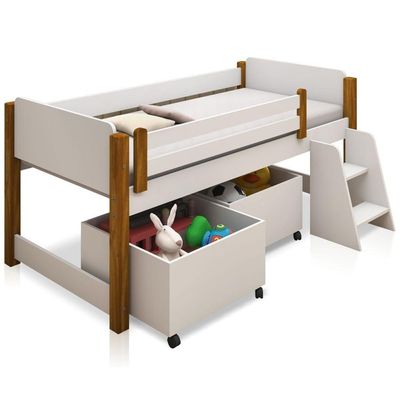 Cama Alta Juvenil Paty Com Nichos Branco E Mel Com Colchão