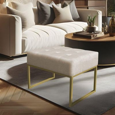 Kit 02 Puffs Lisa Suede Bege Base Metálica Industrial Dourado