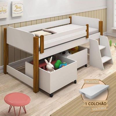 Cama Naty Solteira Design Infantil Com Nichos E Colchão Branco/Amêndoa Branco