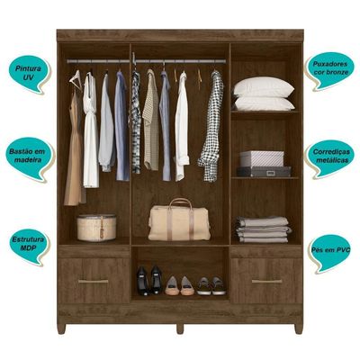 Guarda Roupa Casal Ms912 4 Portas 2 Gavetas Castanho Wood - Moval