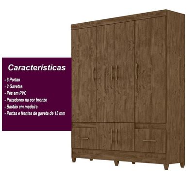 Guarda Roupa Casal Ms912 4 Portas 2 Gavetas Castanho Wood - Moval