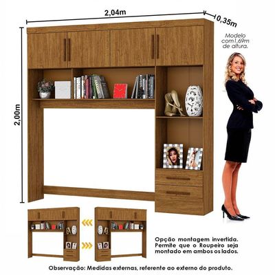 Guarda Roupa Casal Modulado 4 Portas com Cama Hércules 4 Portas e 4 Gavetas com Espelho Cinamomo