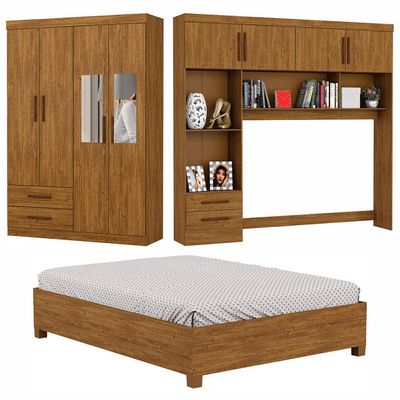 Guarda Roupa Casal Modulado 4 Portas com Cama Hércules 4 Portas e 4 Gavetas com Espelho Cinamomo