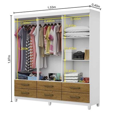 Guarda-roupa D22 6 Portas 6 Gavetas Com Espelho E Pés Branco Cinamomo