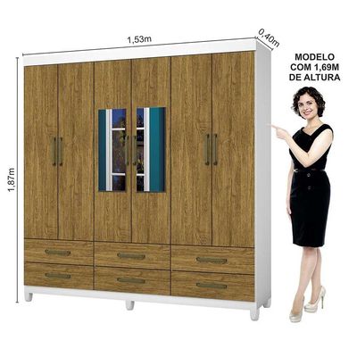 Guarda-roupa D22 6 Portas 6 Gavetas Com Espelho E Pés Branco Cinamomo