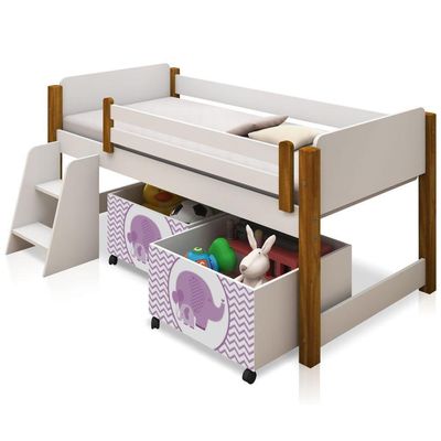 Cama Solteiro Branco C/ Mel C/ Baú Filhote Lilas