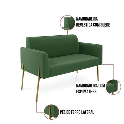 Sofá Namoradeira E Poltrona Pé De Ferro Dourado Marisa Suede Verde D03