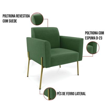 Sofá Namoradeira E Poltrona Pé De Ferro Dourado Marisa Suede Verde D03