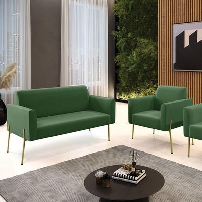 Sofá Namoradeira E Poltrona Pé De Ferro Dourado Marisa Suede D03 Verde