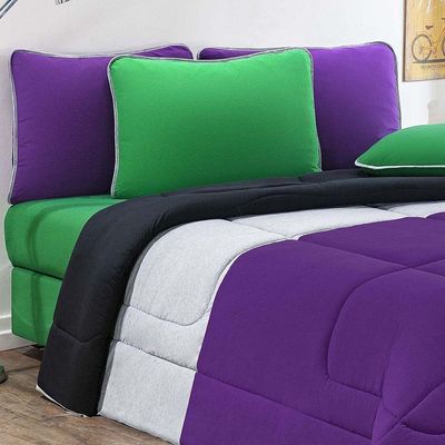 Kit Edredom + Jogo De Lençol 100% Algodão Urbano 6 Peças Queen Roxo-mescla-preto