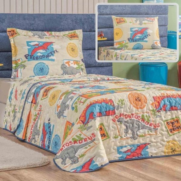 Enxoval Kit Colcha + Jogo De Cama Lençol Bouti Solteiro Infantil Kids 4 Peças - Dino